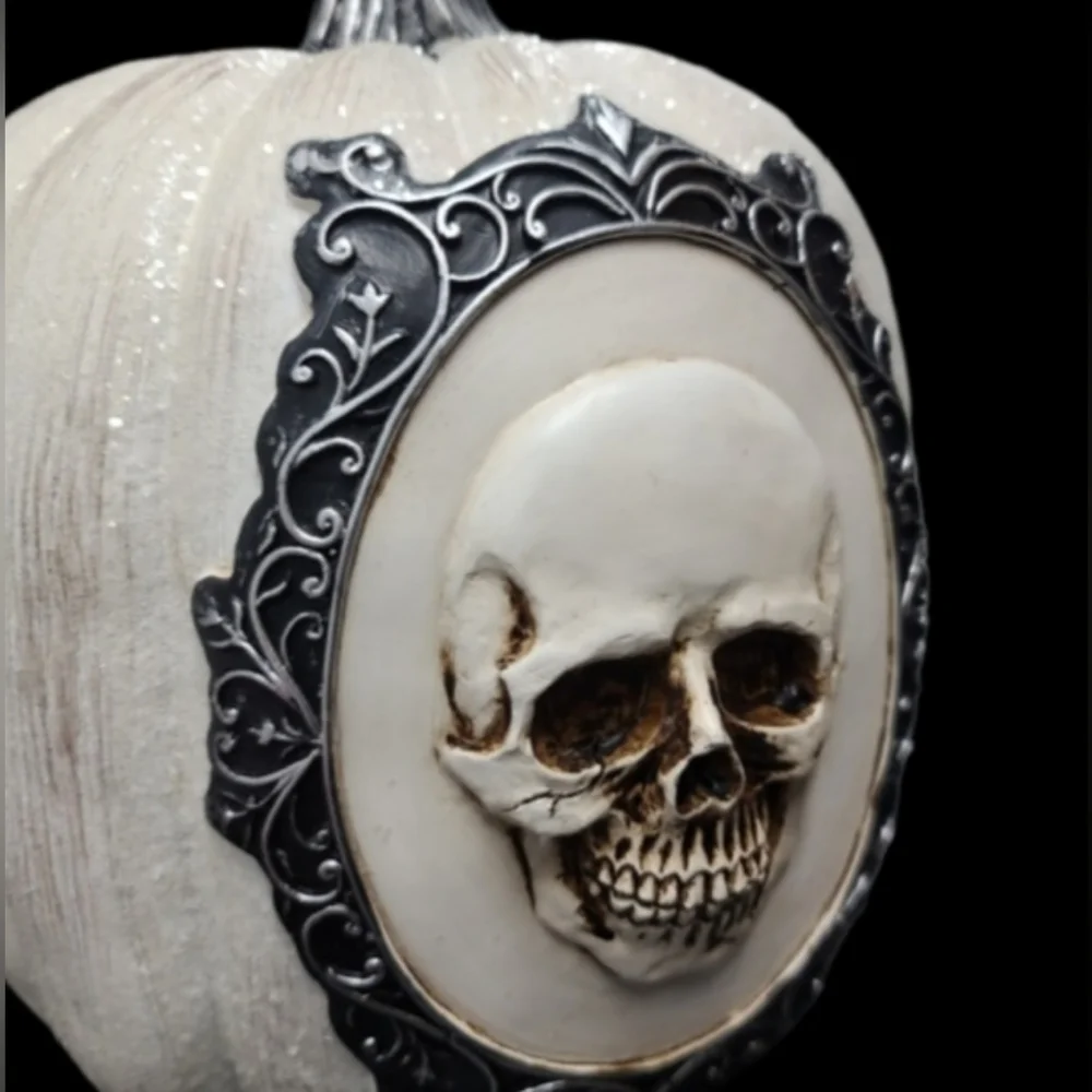 Sparkly White Pumpkin Gothic Framed 3D Skeleton Skull Head Halloween Day Of Dead
